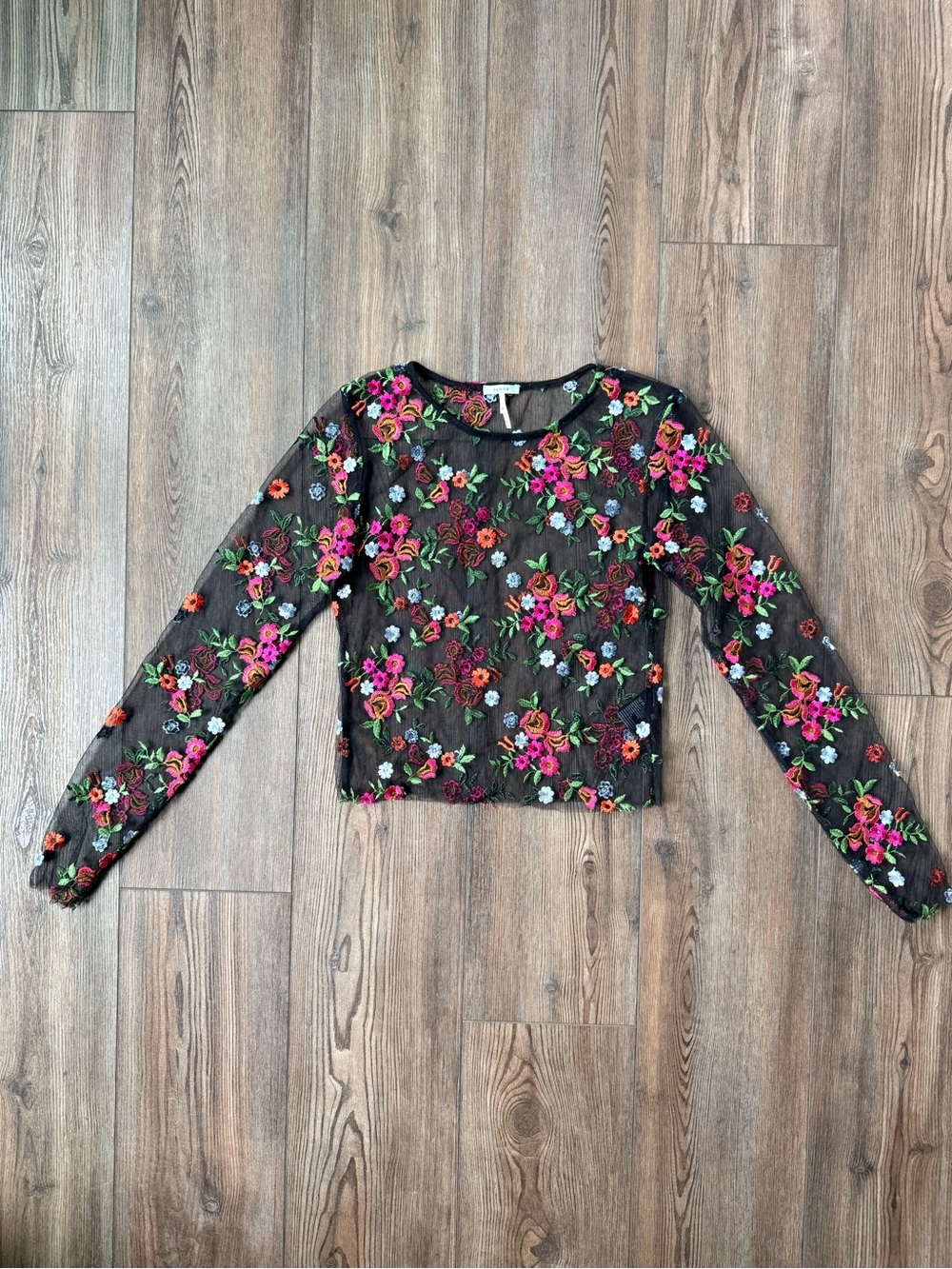 Kimchi Blue Black Sheer Floral Embroidered Long-Sleeve Top
